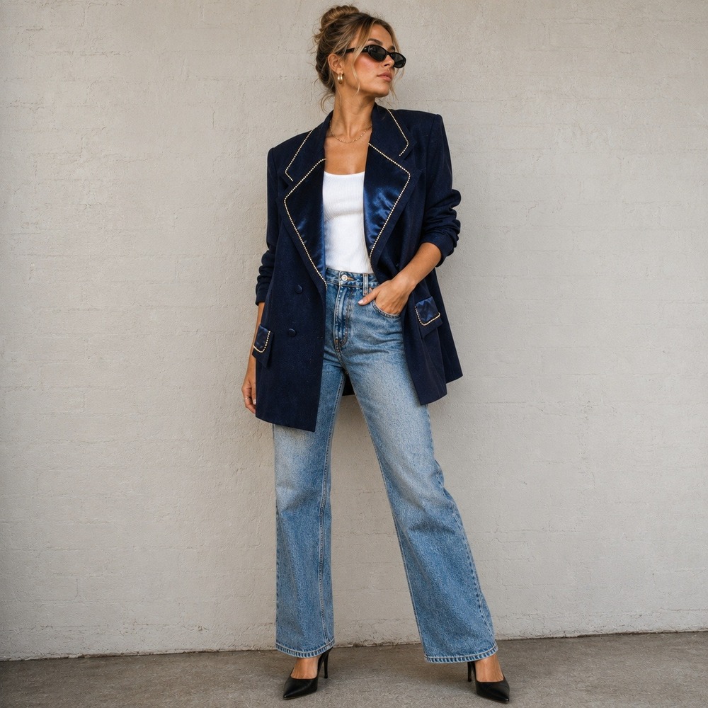 Vintage 80s First in Fashion Blazer Navy Blue Rhinestone Trim Satin Lapel Fits M